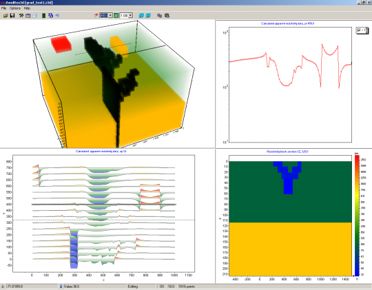 Окно программы ZondRes3D в режиме моделирования данных с установкой срединного градиента